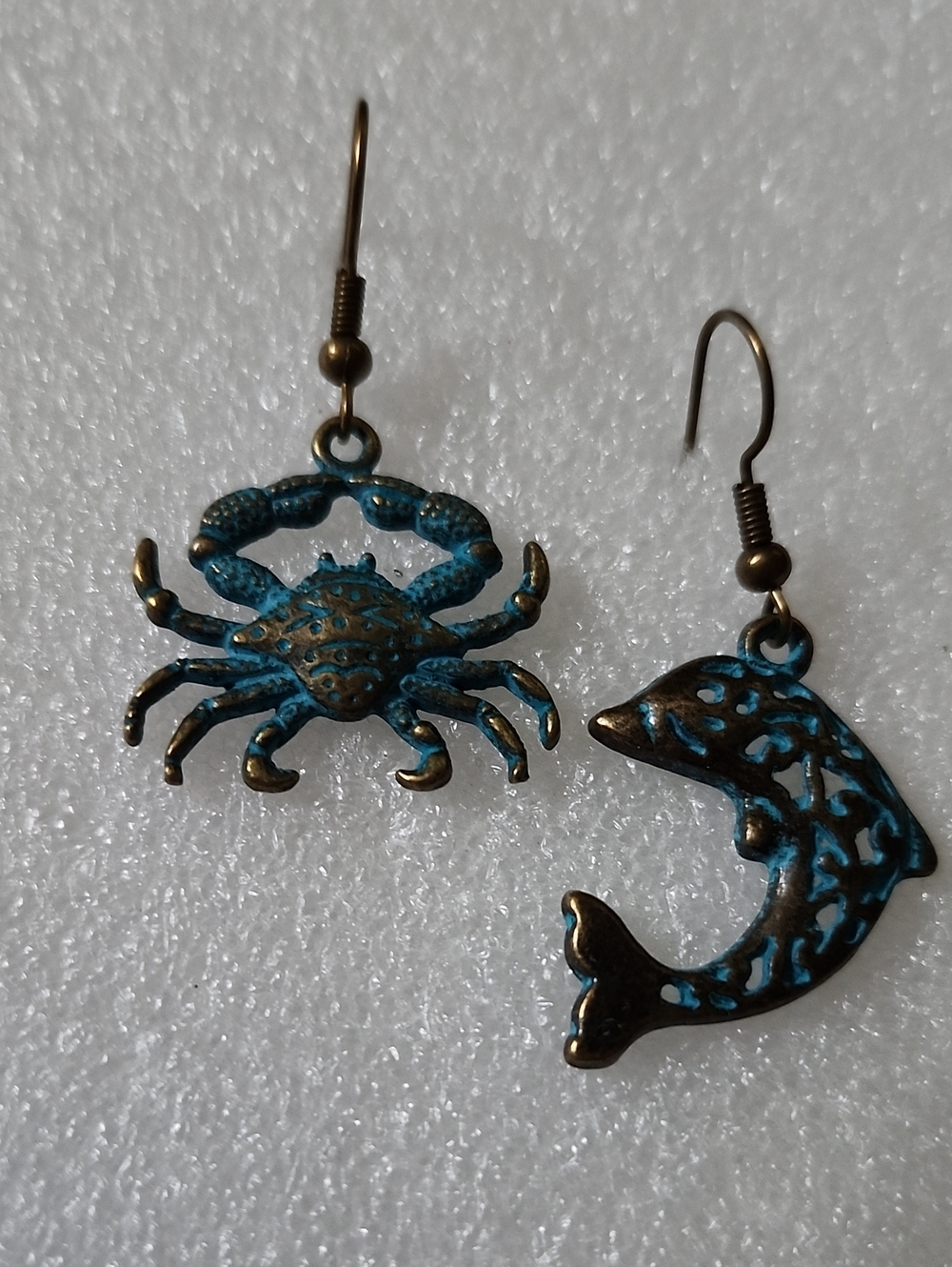 Hand Crafted Teal and Antique Bronze Crab & Dolphin Earrings
